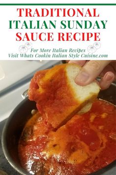 a person dipping some bread into a pan filled with sauce on top of a stove