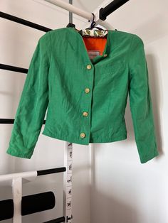 Very good vintage condition, there is a minor stain on the sleeve back. Green Fitted Casual Blazer, Fitted Green Cotton Blazer, Fitted Green Cotton Outerwear, Vintage Green Fall Blazer, Cropped Green Outerwear For Work, Green Cropped Outerwear For Work, Green Cropped Fitted Outerwear, Retro Green Blazer For Spring, Green Fitted Retro Outerwear