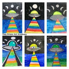 four different pictures with the same image in it, each depicting an alien ship and rainbows