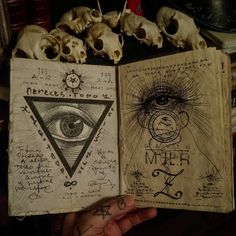 a hand holding an open book with drawings on it and skulls in the back ground