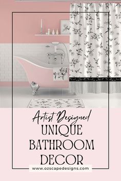 a bathroom with pink walls and black and white shower curtain, sink, toilet and bathtub