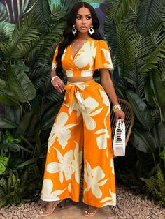 Orange Boho Collar   Floral,Plants,All Over Print  Embellished Non-Stretch Spring/Summer Women Clothing Two Piece Pant Set Summer, Italian Vacation Wardrobe, Barbados Fashion, Tropical Summer Outfits, Beach Attire For Women, Floral Pants Outfit, Cuba Fashion, Caribbean Outfits, Tropical Outfit