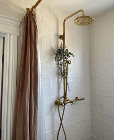 a shower head and hand held shower faucet in the corner of a bathroom