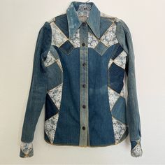 Vintage Antonio Giuseppe Long Sleeve Denim Patchwork Snap Button Down Size Small Western Style Lace And Denim Patchwork Made In The Usa Has Some Discoloration On Collar And Front Area Shown In Photos But It Honestly Adds To The Vintage Style. Other Then This It’s In Excellent Condition Some Antonio Pieces On Other Platforms Going For Upwards Of $500 Fitted Denim Patchwork Tops, Fitted Denim Tops With Patchwork, Blue Reworked Long Sleeve Top, Blue Long Sleeve Reworked Tops, Denim Patchwork, Western Style, Vintage Tops, The Vintage, Snap Button