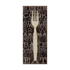 a fork with the words written on it in black and white, against a brown background