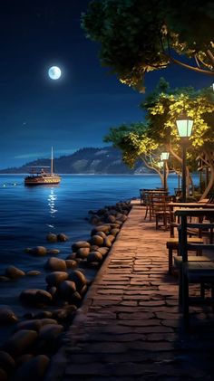 a night scene with a boat on the water and benches lined up along the shore