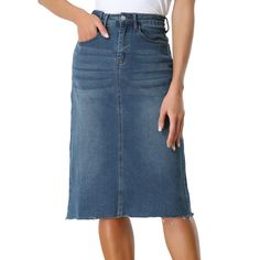 Show off your charm in this denim short skirt in summer. Complete the casual style for warm days in the park with your hat and blouse to be comfy. Falling to just below the knee, it's perfect for summer afternoons. With a feminine raw hem, it can be dressed up for the evening with a pretty top and accessories. Stylish and add more elegance to you. Short Denim Skirts, Midi Jean Skirt, Casual Denim Skirt, Denim Skirts Knee Length, Midi Jeans, High Waisted Denim Skirt, Short Denim Skirt, Denim Skirt Women, Short Denim