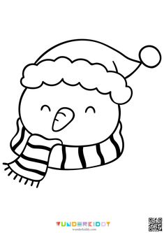 a black and white drawing of a penguin wearing a santa hat with a scarf around it's neck