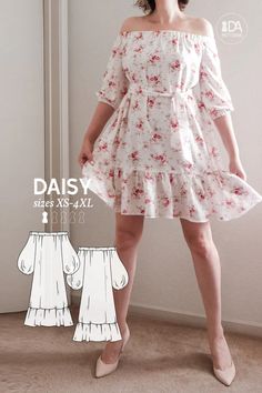 an image of a woman wearing a dress with flowers on it and the words daisy written in