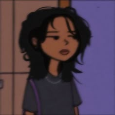 an animated image of a woman with dark hair and eyes, standing in front of a purple wall