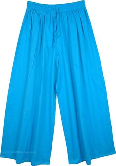 Cerulean Blue Elephant Leg Hollywood Pant - A split skirt pant in a charming blue - a perfect wide leg pants for summer season. Comfort and freedom are yours in this beautiful pure cotton fabric pants - Made of cotton these skirt-pants are airy and comfortable with elastic and drawstring. The skirts have wide legs, ideal to idle away your evening or weekend in style!; Material: 100% Cotton; Waist: 28" - 36" (elastic with drawstring) Length: 39", Inseam: 25"; Care: Hand wash separately in cold wa Full Length Cotton Bottoms For Vacation, Relaxed Fit Cotton Wide-leg Culottes, Cotton Wide Leg Ankle-length Pants For Beach, Cotton Ankle-length Wide Leg Pants For Beach, Spring Daywear Wide Leg Harem Pants, Spring Wide Leg Harem Pants For Daywear, Full Length Cotton Bottoms For Daywear, Wide Leg Cotton Bottoms For Daywear, Cotton Ankle-length Culottes In Solid Color