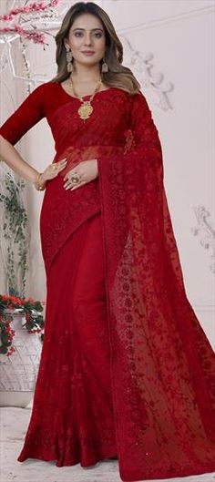 Red and Maroon color Saree in Net fabric with Embroidered, Resham, Stone, Thread work Formal Red Lehenga With Intricate Embroidery, Elegant Red Embroidered Saree Fabric, Elegant Red Embroidered Fabric For Reception, Elegant Red Embroidered Fabric For Wedding, Elegant Red Embroidered Fabric For Festive Season, Red Elegant Embroidered Fabric For Festive Season, Elegant Red Embroidered Saree, Red Embroidered Saree Fabric For Reception, Red Dupatta With Resham Embroidery For Formal Events