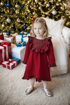 ✿ABOUT THIS DRESS ✓This comfortable and stylish dress is made from gabardine and has a soft cotton lining for added comfort.  ✓It also features plaid details on the chest, sleeves, and hem, making it a standout piece. ✓With this dress, you can create a sibling combo if you want, you can reach our boys' red plaid sets from the link at the bottom of the product details. ✿FABRIC INFORMATION ✓ Natural cotton lining 100% under the skirt,  and gabardine on top. ✓ The color of your item may vary slight Christmas Dress Toddler, Cotton Christmas Party Dress, Christmas Cotton Dress With Ruffles, Cotton Holiday Dress For Festive Occasions, Holiday Dress With Ruffles For Christmas, Festive Cotton Holiday Dress, Winter Holiday Cotton Dress, Christmas Holiday Dress With Ruffles, Festive Cotton Holiday Dress For Christmas