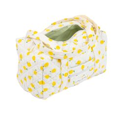 Discover elegance in compact form with our Lemonade Mini Duffel Bag, a stylish carry-all with a convenient zippable front pocket,  crafted to be your perfect companion for impromptu outings or as a sleek organizer for your essentials.    The quilted exterior features a beautiful lemon-themed pattern, complemented by a classy striped green interior.   From gym sessions to weekend getaways or daily errands, this mini duffel effortlessly blends organization with style, offering a chic solution for your on-the-go lifestyle.  Size: 12" x 7" x 7" White Travel Bag With Zipper Closure For Daily Use, Casual Shoulder Bag With Zipper For Overnight Trips, White Duffle Bag With Zipper For Daily Use, Versatile Bags With Pockets For Overnight Trips, Versatile Shoulder Bag For Overnight Trips With Zipper Pocket, Practical Bags With Adjustable Strap For Overnight Trips, On-the-go Pouch Travel Bag With Zipper Pocket, Overnight Trip Satchel Bag With Removable Pouch, Everyday Travel Tote With Zipper Closure