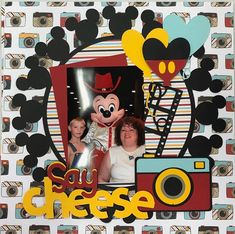 an altered photo with mickey mouse and two children in front of the sign that says, cau cheese