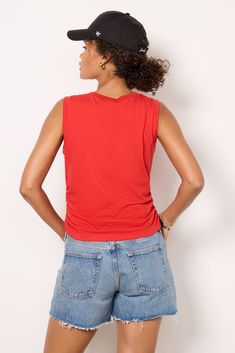 Ruched sides add a flattering touch to this versatile tank by Michael Stars, featuring a crewneck silhouette in soft cotton fabric. Paired with denim, skirts, or flowy pants, it will be your new go-to essential. | MICHAEL STARS Women's Lola Ruched Tank Top, Size Large, Red Ruched Tank Top, Flowy Pants, Brand Style Guide, Denim Skirts, Fashion 101, Michael Stars, Fall Shopping, Tee Dress, Work Fashion