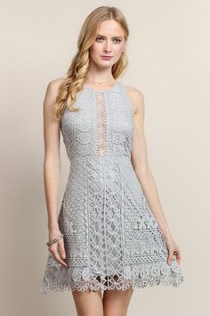 100% Polyester Spring Lace Mini Dress For Garden Party, Spring A-line Sleeveless Lace Dress, Spring Lace A-line Sleeveless Dress, Gray A-line Mini Dress For Spring, Fitted Sleeveless Midi Dress For Spring, Fitted Lace Mini Dress For Spring, Fitted Sleeveless Midi Dress For Garden Party, Fitted Midi Length Sleeveless Dress For Spring, Lace Fit And Flare Summer Dress