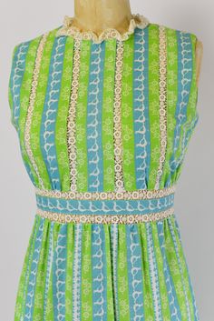 "Info: ♥ Circa: 60s ♥ Label: Clementine's St. Petersburg, Jamison Boutique ♥ Color: Blue, green, white ♥ Material: Cotton ♥ Condition: Excellent vintage condition. Details: ♥ Adorable, colorful 60s era dress ♥ Fun bird print in shades of blue, green, and white ♥ See through crochet detailing ♥ Soft cotton material ♥ Hidden side pockets �♥ Center back zipper closure Measurements: Bust: 35\"-36\" Waist: 28\" Hips: up to 41\" Length: 53\" ♥ ♥ All garments are measured flat, then doubled for the bust Bird Print Dress, Denim Maxi Dress, Gown Photos, Silk Floral Dress, Sarasota Fl, Satin Gown, Online Wedding, Bird Print, Crochet Details