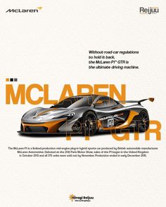 an orange and black sports car with the words mclaren on it's side