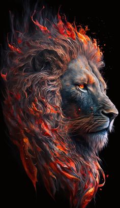 a lion's head with red and orange flames coming out of its manes