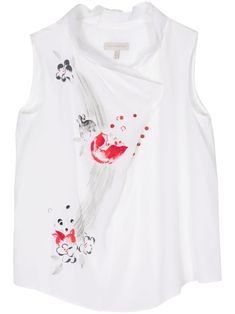 white/black/red mulberry silk chiffon floral print hand-painted design draped detailing asymmetric neck sleeveless curved hem Shiatzy Chen, Silk Vest, Chiffon Floral, Versace Outfit, City Dress, Outerwear Vest, Vest White, Floral Chiffon, Silk Chiffon