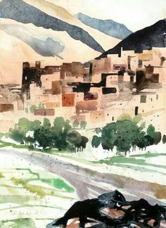 watercolor painting of an urban area with mountains in the background and trees on the ground