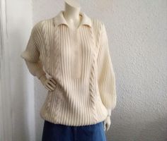 80s cable knit long sweater, preppy college torsade  jumper, collared beige sweater, probably wool but I cannot be sure about that, fisherman aran style sweater, handknitted, oversized sweater  GOOD VINTAGE CONDITION BUT THE ITEM IS NOT DRY CLEAN  measurements lying flat : shoulders :60 cm (23,5 inches)  bust :58 cm (23 inches)  total length :76 cm (30 inches)  sleeve length :51 cm (20 inches Vintage Collared Sweater For Winter, Fitted Cable Knit Polo Sweater For Fall, Oversized Vintage Cable Knit Sweater, Cozy Long Sleeve Cable Knit Polo Sweater, Retro Long Sleeve Cable Knit Sweater, Collared Cream Polo Sweater For Winter, Fitted Cream Polo Sweater For Fall, Cream Cable Knit Vintage Sweater, Preppy College