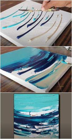 the process of painting with acrylic paint on canvases is shown in three different stages