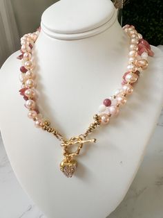 Gold Double Strand Pearl Necklace With Gemstone Beads, Double Strand Gold Pearl Necklace With Gemstone Beads, Elegant Pink Pearl Necklace With Gemstone Beads, Pink Pearl Necklace With Faceted Beads As Gift, Pearl Multi-strand Beaded Necklace For Gifts, Multi-strand Pearl Beaded Necklace For Gift, Pink Pearl Necklace With Heart Beads, Multi-strand Pearl Necklace With Gemstone Beads, Multi-strand Faceted Beads Pearl Necklace As Gift