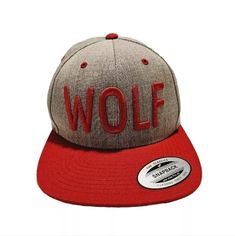 The Classics Snapback Yupoong Wolf Logo Gray/Red Hat/Cap. New With Tags. Red Cotton Trucker Hat With Flat Brim, Red Cotton Flat Brim Trucker Hat, Red Short Brim Baseball Cap For Outdoor, Casual Red Fitted Hat With Flat Brim, Red Letter Print Hats For Outdoor, Trendy Red Outdoor Hat, Red Snapback Hat, One Size Fits Most, Red Cotton Snapback Hat With Flat Brim, Retro Red Baseball Cap For Outdoor