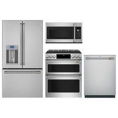 an image of kitchen appliance set including stove, refrigerator and microwaves on white background