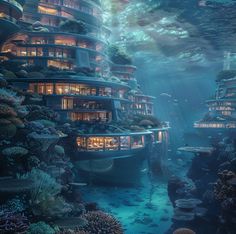 an underwater hotel is surrounded by corals and other marine creatures