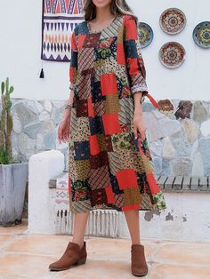 Floral Color Block Print Long Sleeve O-neck Vintage Dress Casual Multicolor Split Neck Dresses, Fall Season V-neck Patchwork Maxi Dress, Patchwork Beach Dresses For Fall, Beach Patchwork Dress For Fall, Patchwork Dress For Beach In Fall, Floral Print Design, Vestidos Vintage, Vintage Style Dresses, Floral Color