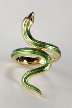 Green Striped Snake Ring made of 18k gold, ruby and enamel from Lunar Rain. Designed by Melissa Chen. Striped Snake, Egyptian Revival Jewelry, Serpent Jewelry, G Ring, Rain Design, Ring Size Chart, Earthly Delights, Beautiful Snakes, Green Snake