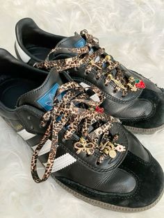 Leopard Print Sambas, Sambas Charms, Sambas With Charms, Samba Charms, Decorated Sambas, Leopard Sambas, Black Sambas, Leopard Print Shoes, Shoe Wishlist