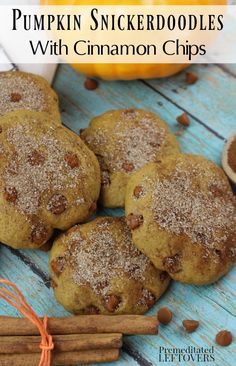 pumpkin spicerdodles with cinnamon chips on a blue wooden table next to cinnamon sticks