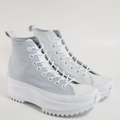 Converse Run Star Hike Hi High Top White / Moonbathe / Ghosted Silver Grey Leather Women's Platform Sneakers / Boots A05247c Nwt Brand: Converse Model: Run Star Hike Hi Style Code: A05247c Color: White / Moonbathe / Ghosted Gender: Unisex, Listed As Women's Shoes. Size Guide: Us Women's 8.5 / Us Men's 7 / Uk 6 / Eur 40 / Cm 25 Us Women's 9 / Us Men's 7.5 / Uk 6.5 / Eur 40.5 / Cm 25.5 Us Women's 9.5 / Us Men's 8 / Uk 7 / Eur 41 / Cm 26 Us Women's 10 / Us Men's 8.5 / Uk 7.5 / Eur 42 / Cm 26.5 Util Trendy White Leather Wedge Sneakers, Converse Leather Platform Sneakers With Vulcanized Sole, White Leather Platform Sneakers With Flat Heel, White Leather Round Toe Wedge Sneakers, Modern White Leather Wedge Sneakers, Converse Leather Platform Sneakers With Branded Insole, Trendy Leather Converse High-top Sneakers, Leather Converse Sneakers With Laces, White Wedge Sneakers With Textured Sole And Round Toe