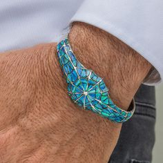 Blue Opal Bracelet, Sterling Silver Handmade Luxury Gemstone Jewelry - VY Jewelry Spider Net, Mens Cuff, Iridescent Blue, Opal Bracelet, Bracelet Sterling Silver, Matching Rings, Timeless Accessories, Silver Accents, Handmade Sterling Silver