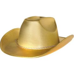 Giddy-up in a Gold Cowboy Hat! This novelty cowboy hat has a leather-like finish with a curved brim and pinched crown. The attached braided cord provides a secure fit while you cheer from the rodeo stands! Makes a great photo booth prop too.Gold Cowboy Hat product details:11in wide x 14in long x 5in tallPolyesterAttached adjustable chinstrapOne size fits most teens and adults Gold Cowboy Hat, Red Cowboy Hat, Gold Halloween, Western Theme Party, Photo Booth Prop, Chapeau Cowboy, Golden Birthday, Halloween Costume Shop, Halloween Store