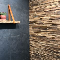 a wooden shelf on the wall next to a tiled shower stall with two plants in it