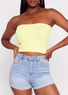 Sleeveless, Strapless, Bandeau Top, Cropped Hem, Seamless, Solid, Ribbed Knit, Item Number 0014058757777 Stretch Tube Top With Built-in Bra, Yellow Crop Top With Built-in Bra, Trendy Stretch Seamless Tube Top, Trendy Seamless Stretch Tube Top, Fitted Seamless Cami Tube Top, Fitted Seamless Camisole Tube Top, Stretch Seamless Bandeau Camisole, Seamless Stretch Bandeau Camisole, Spring Tube Top With Built-in Bra And Stretch