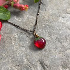 Handmade Charming Adjustable Necklaces, Handmade Adjustable Charming Necklaces, Handmade Adjustable Charming Necklace, Red Nature-inspired Jewelry For Gifts, Collares Dark, Cottage Core Necklace, Fairycore Metal Necklaces For Gift, Translucent Art, Glass Strawberries