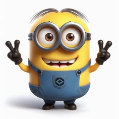 a cartoon minion with one hand up and two fingers in the air, wearing overalls