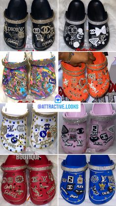 Diy Croc Design, Bling Crocs Shoes, Bling Crocs Shoes Baddie, Girly Crocs, Crocs Customize Paint, Blinged Out Crocs Baddie, Crocs Business, Customized Crocs Shoes, Blinged Shoes