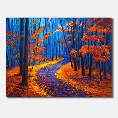 an oil painting on canvas of a road in the woods with trees and yellow leaves