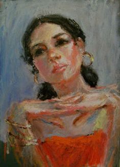 a painting of a woman in red and white dress with her hands on her chest