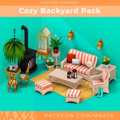 the cozy backyard pack includes wicker furniture, potted plants and other decorative items