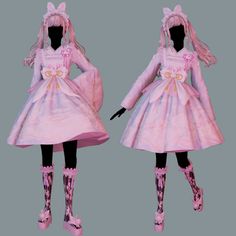 two female mannequins dressed in pink dresses and boots with bunny ears on their head