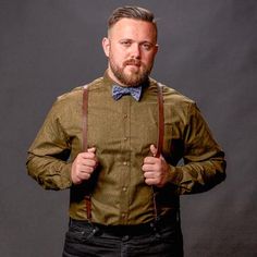 Olive Chambray Shirt for men Looks For Men, Brown Suspenders, Chambray Shirt, Hair And Beard Styles, Well Dressed, Mens Belts