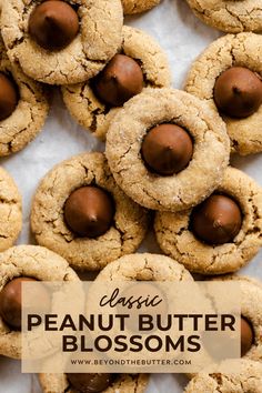 peanut butter blossom cookies with chocolate chips on top and the words classic written above them